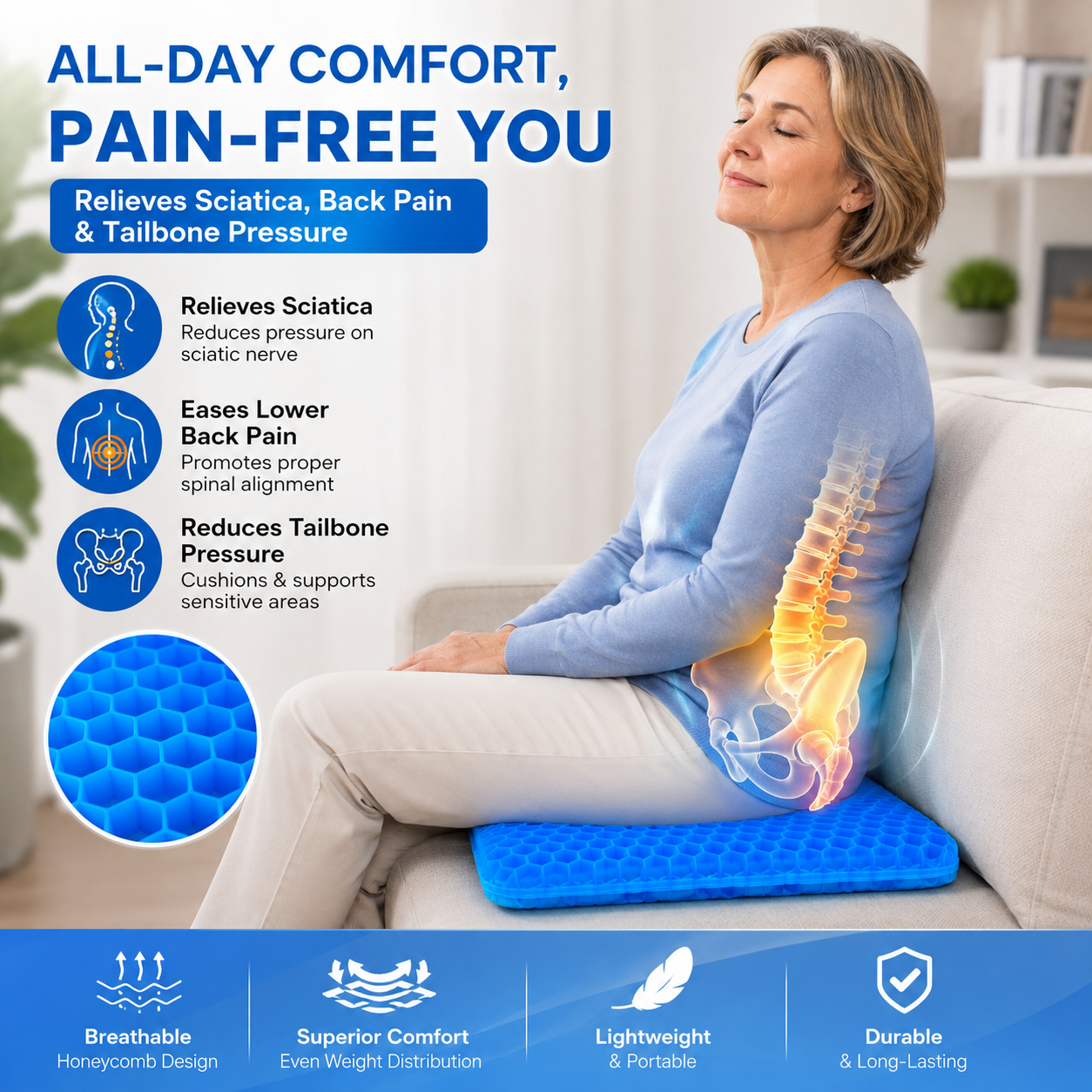 💺 ComfortPLUS Gel Seat Cushion | Sit Longer With Less Back, Hip & Tailbone Pressure ☁️