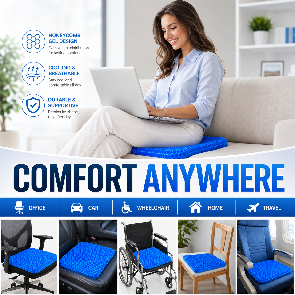 💺 ComfortPLUS Gel Seat Cushion | Sit Longer With Less Back, Hip & Tailbone Pressure ☁️